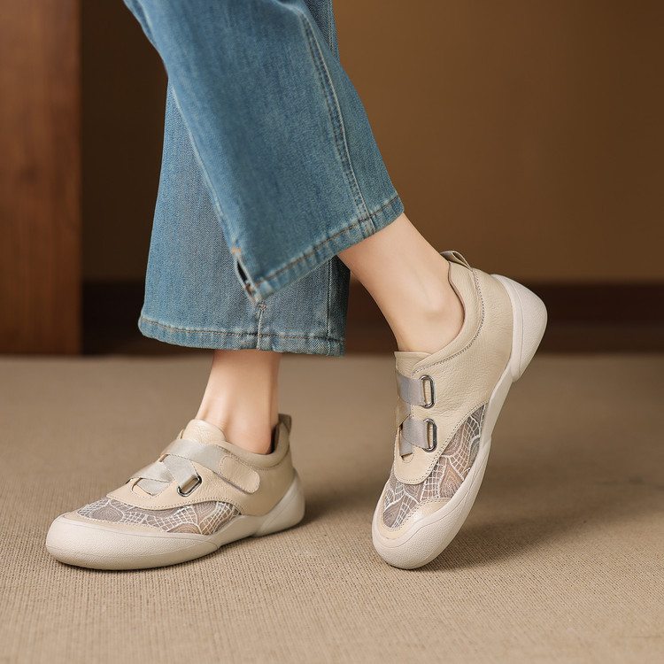 Giày sneaker nữ phối màu da thật lỗ thoáng khí đế bệt buộc dây kết hợp miếng dán — màu trắng ngà chi tiết 62
