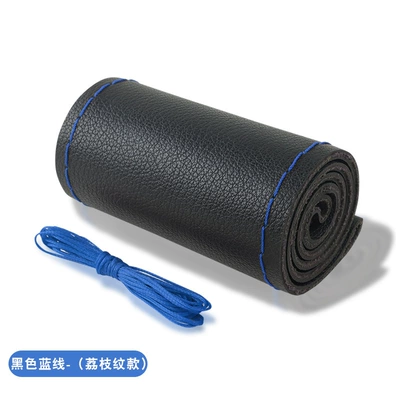 Steering wheel cover Microfiber Leather, Sweat-Absorbent, Breathable - black-leather-blue-thread-38cm