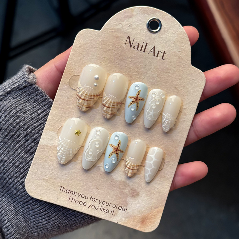 24 Pieces of Cross-Border Carved Almond-Shaped 3D Nail Art with Seaside Shells, Flowers, Stars, and Hand-Applied Rhinestones for Nail Decoration