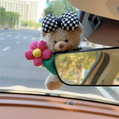 Lying Doll Car Decoration Interior – Car ornaments - checkered-flower-bear-rearview-mirror-style
