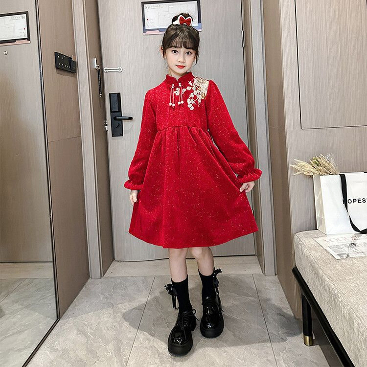 （加绒）女童新年连衣裙新款女孩喜庆中国风旗袍中大童过年拜年裙