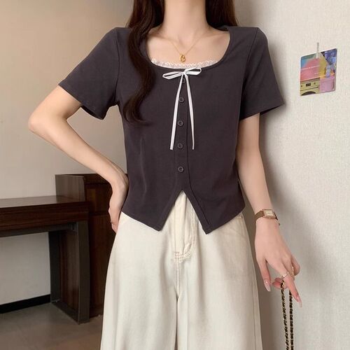 Pink Square Collar Regular Shoulder Short Sleeve Women's T-Shirt 2025 Summer MM Slimming Bowknot Lace Splicing Short-sleeve Top