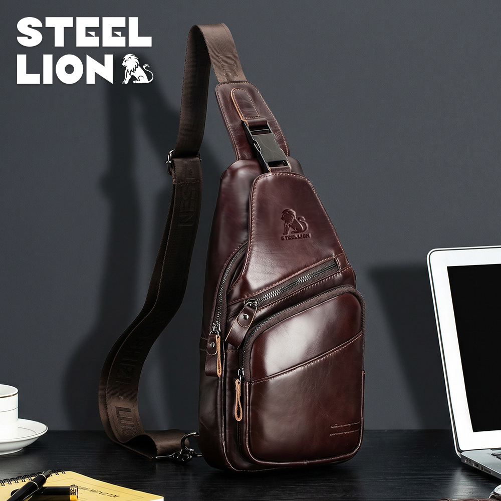 Steel Lion Cowhide Men's Chest Bag Retro Casual Shoulder Crossbody Bag Versatile Fashionable Large Capacity Chest Bag