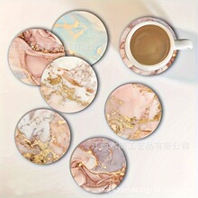 简约陶瓷杯垫圆形木质大理纹防滑杯子垫隔热防烫创意礼品