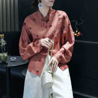 49212深圳南油高端真丝香云纱新衬衫新中式宽松粉色桑蚕丝外套女