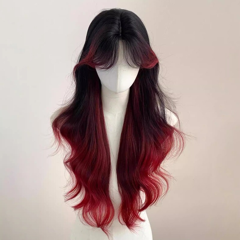 [Iris Red] Wig Full Head Cover Women's Black and Red Spotted Bright Bangs Long Curly Hair New Paris Painted Wig