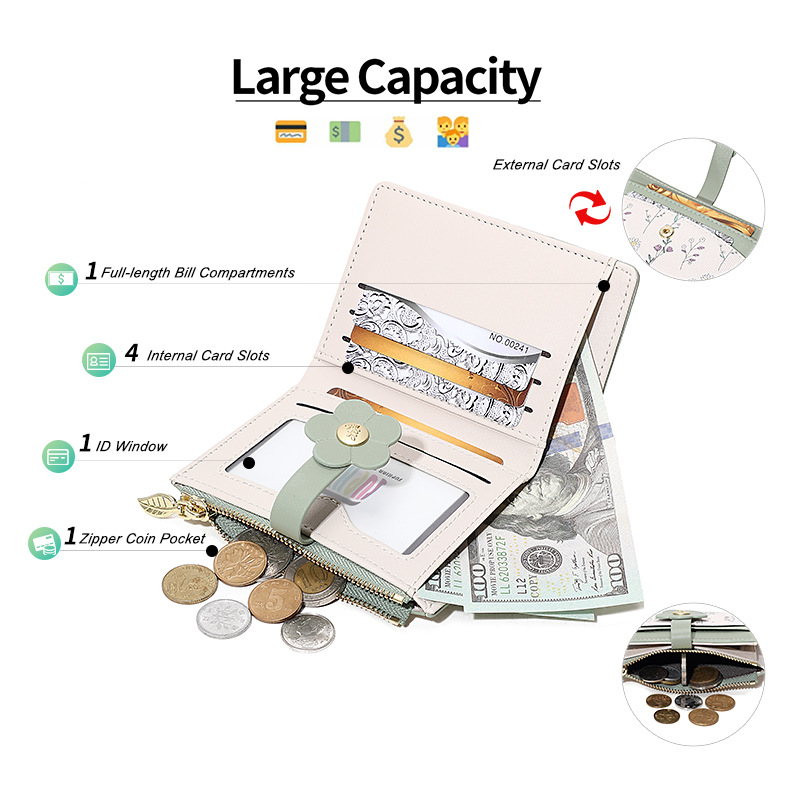 Nueva impresión coreana de flores y hierbas PU corta billetera de cremallera para mujeres.