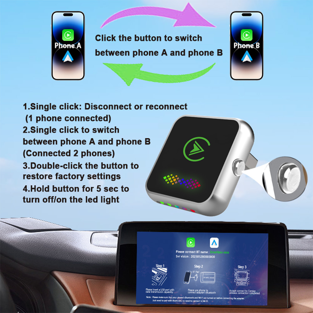Cross-border upgraded version of CarPlay box with one-click ambient light switching, Android two-in-one car wireless adapter