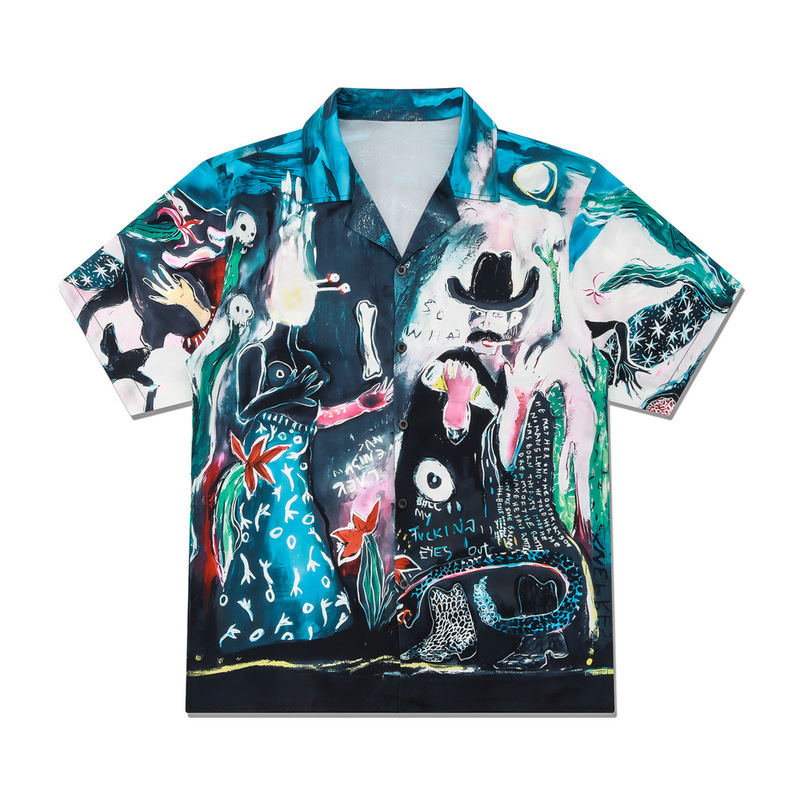 Cross-border Foreign Trade Europe and the United States Hawaii Retro Leisure Trendy Brand Oil Painting Printed Shirt Holiday Beach Short-sleeved Cardigan Men