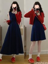 大码胖mm深蓝色牛仔背心收腰连衣裙红色长袖防晒开衫两件套女春季