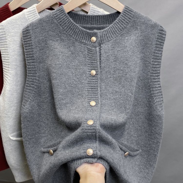 [Cashmere Family] New Round-Neck Knitted Vest for Women, Sleeveless Cardigan Sweater, Versatile Vest Top for Spring
