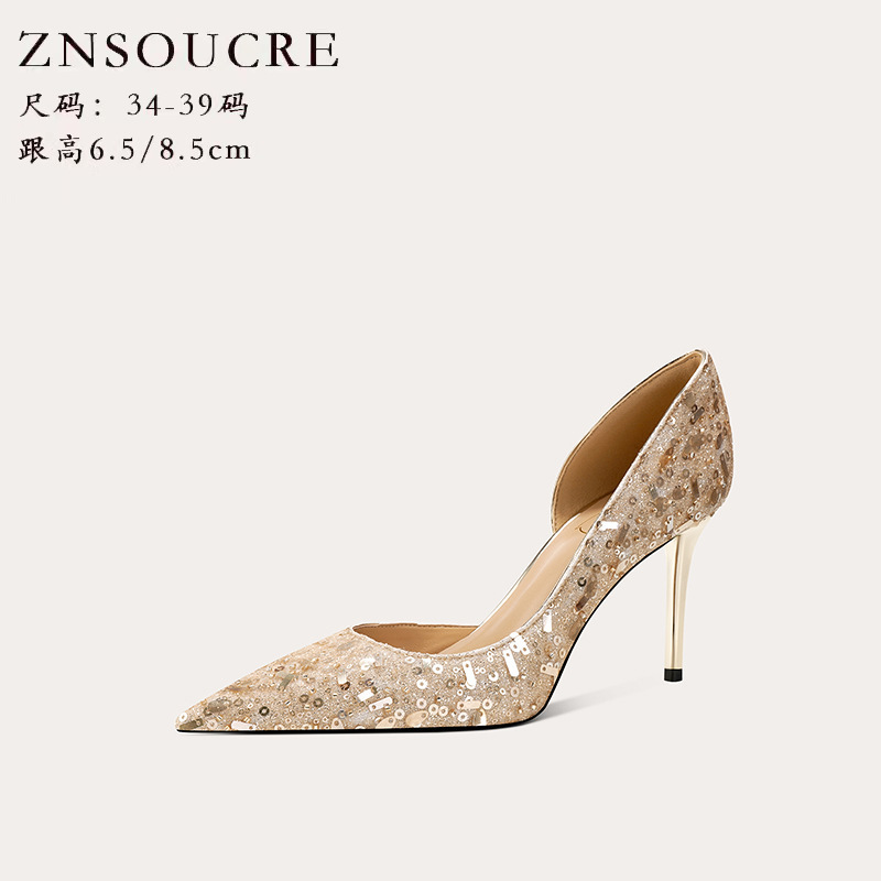 718-21 Sexy Side-Cut Pointed-Toe Design Women's Shoes with Sequins, High Heels for Weddings and Parties