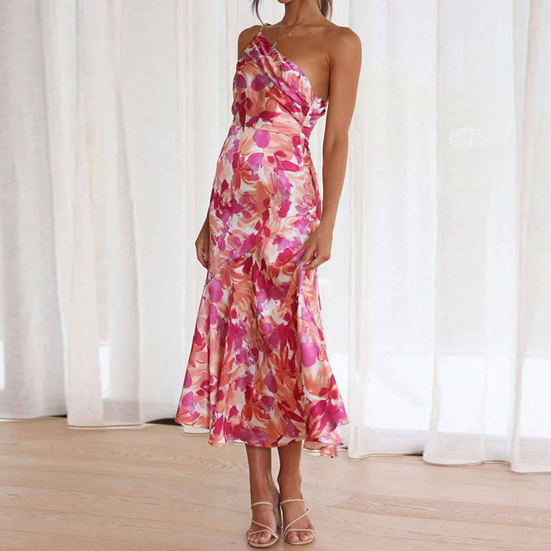 Maxi Long Dress Dress Length Type Wholesale Women's Vacation Printing Ruffles Printing Holiday Beach Oblique Collar Sleeveless Sheath Dress