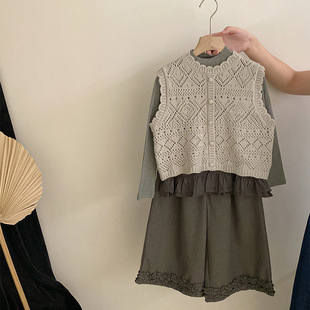 Girls' Korean-Style Autumn New Knit Vest Solid Color Base Shirt 2025 Lace Wide-Leg Casual Pants Two-Piece Set Trendy