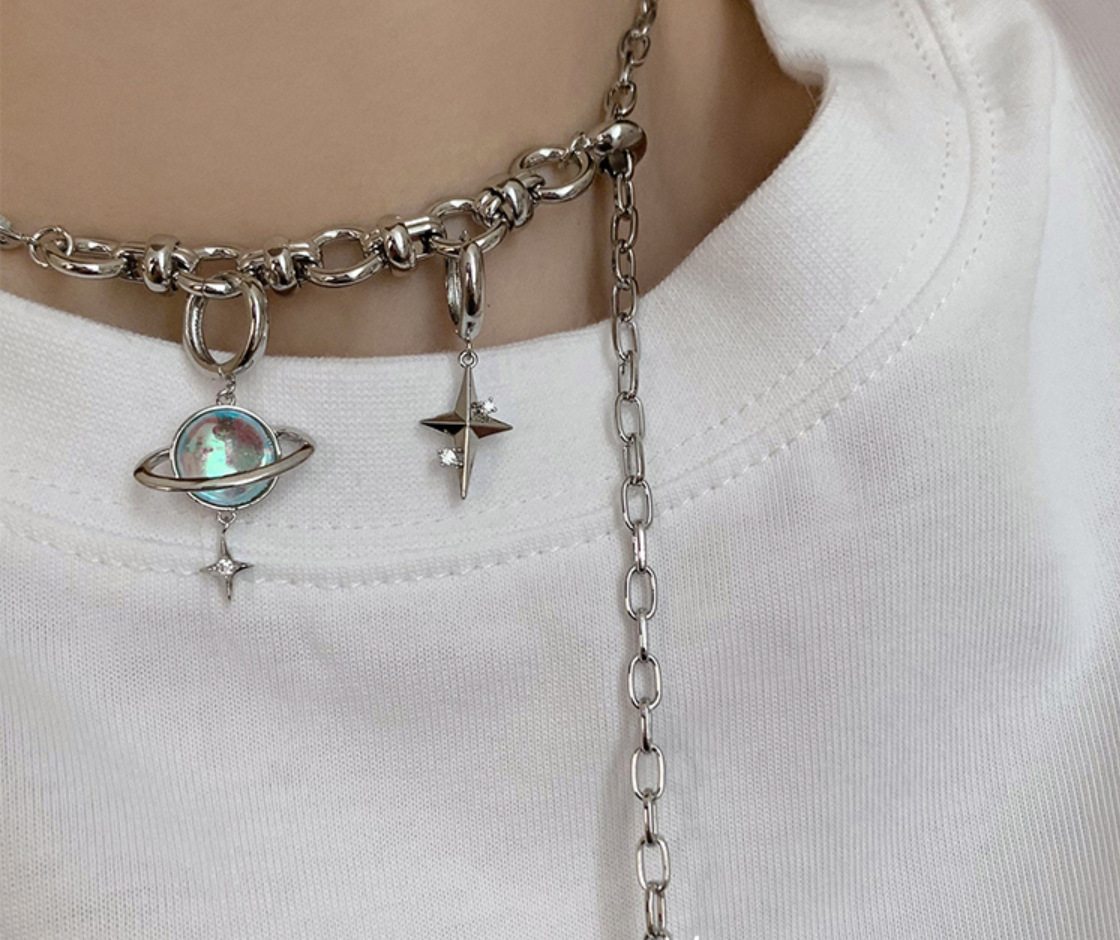 Streetwear Star Planet Titanium Steel Choker Inlay Artificial Gemstones Stainless Steel Necklaces