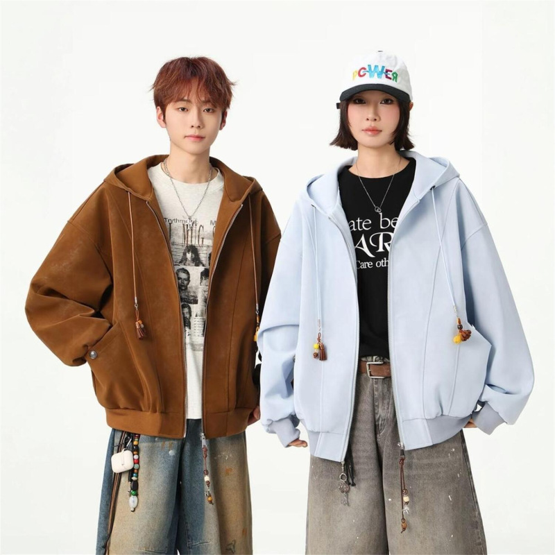 American-Style Leather Jacket for Men and Women, Spring Trendy Brand, High-End Hooded Pu Jacket with DIY Pendant Design, Couple's Top