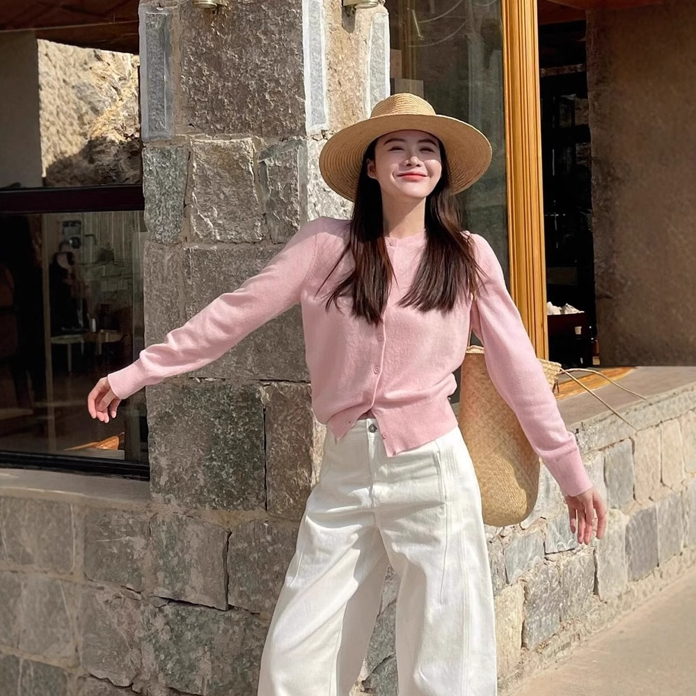 Pink Round Neck Right Shoulder Long Sleeve Knitted Cardigan for Women Spring & Fall Super Nice Unique Beautiful Sweater Jacket Short Top