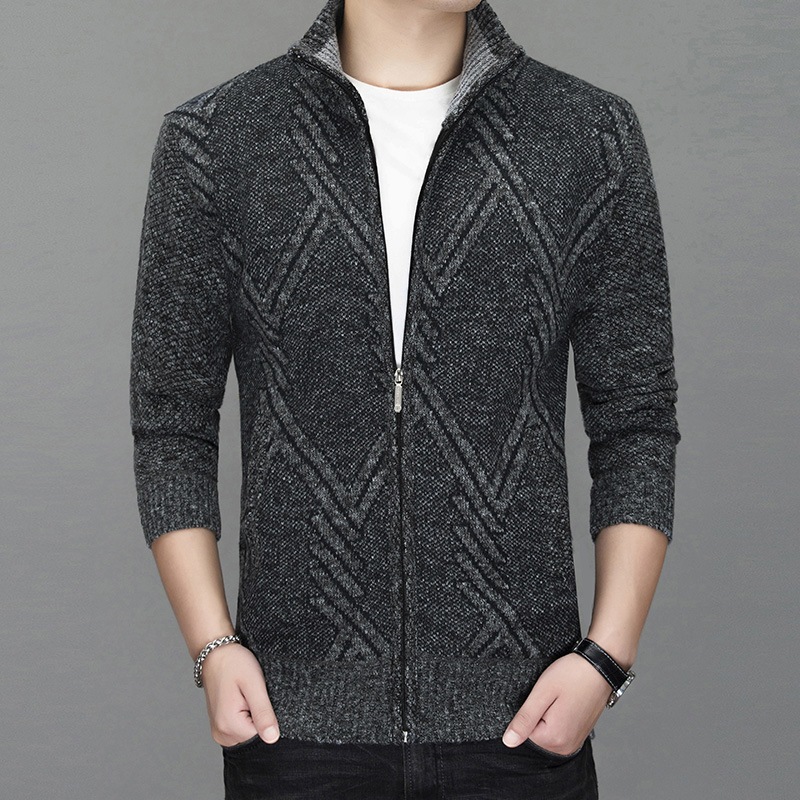 Chaqueta de invierno transfronteriza suéter de los hombres de manga larga collar de pie forrado de lana gruesa de los hombres suéter jacquard chaqueta de los hombres