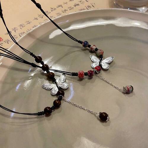 National Style Butterfly Beaded Necklace Women's Light Luxury Niche New Chinese Design  New Clavicle Chain Trend