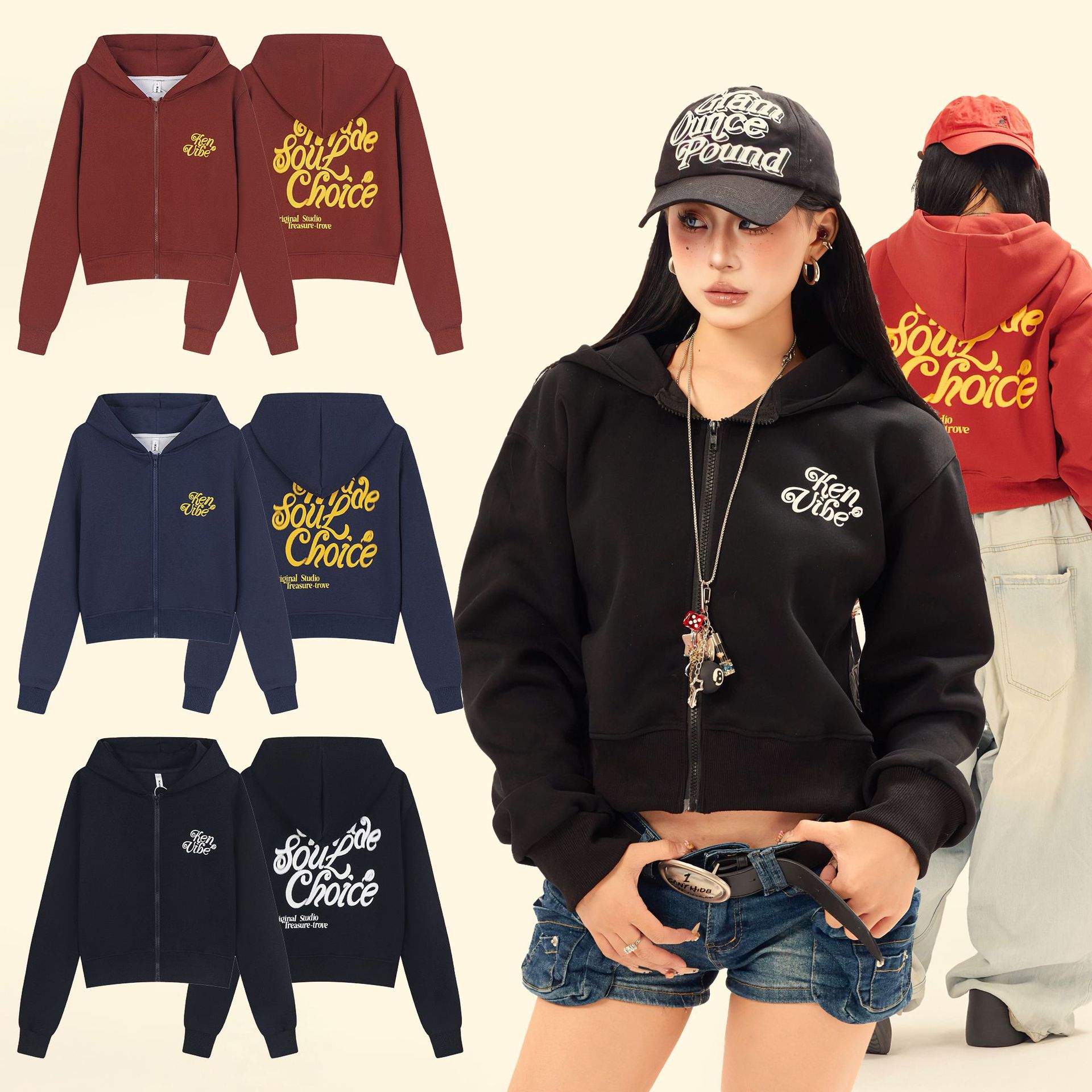 Winter Vibey American Short Zipper Hooded Letter Print Black Spring Autumn Cardigan Sweatshirt Hot Girl Coat_voghion.com