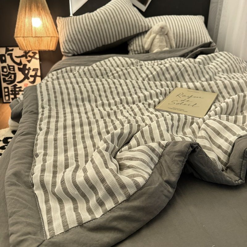 Ins Simple Gray Bubble Jacquard Summer Quilt Four-Piece Set Washed Cotton Light Summer Cool Air-Conditioned Thin Quilt