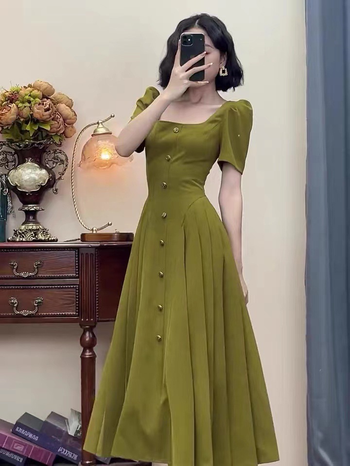 Đầm nữ cổ vuông kiểu Pháp chít eo tôn dáng — Màu xanh lá dáng dài, Màu xanh lục mẫu ngắn, Màu đen mẫu ngắn