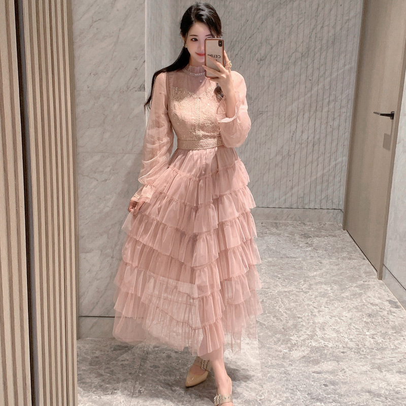 Spring 2025 French Elegant Sequin Embroidery Perspective Mesh Long Sleeve Tight Waist Slimming Cake dress Women