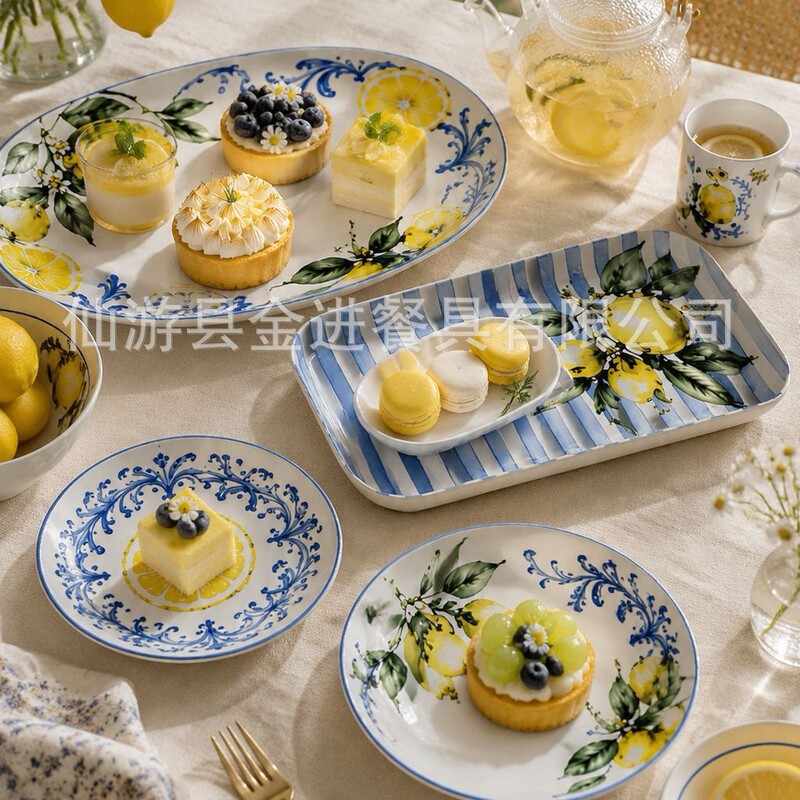 Fresh Mediterranean Lemon Melamine Tableware Set, Blue and White Patterned Melamine Plates and Bowls, Wholesale for Home Use Fresh Mediterranean Lemon Melamine Tableware Set, Blue and White Patterned Melamine Plates and Bowls, Wholesale for Home Use