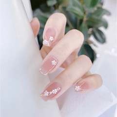 Summer Fresh Gentle Wind Nail Art Fake Nail Sheet with Small Flower Gold Diamond Student Removable Wearable Nail Set Wholesale