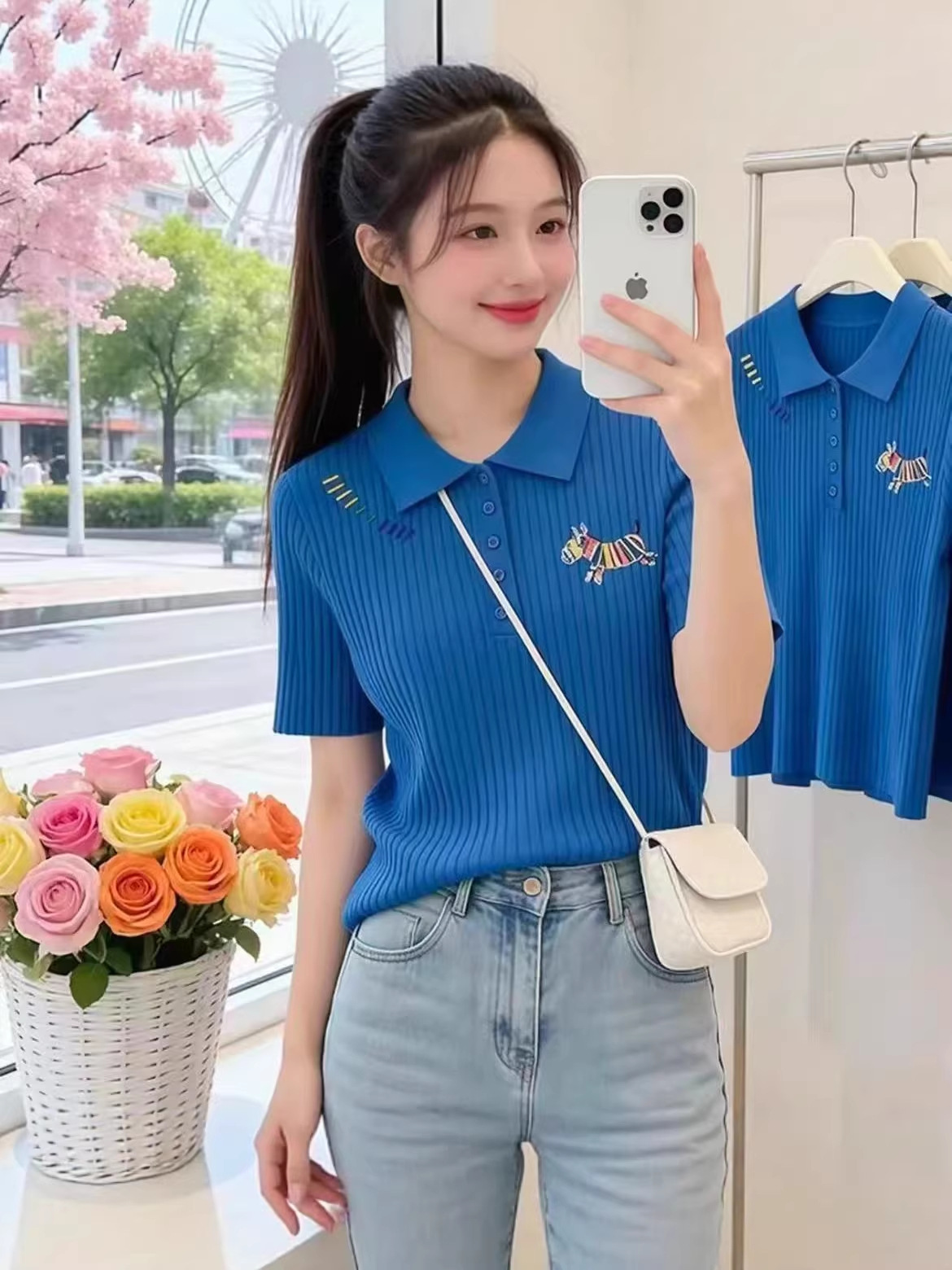 Áo thun polo nữ tay ngắn cổ bẻ họa tiết ngựa nhỏ cầu vồng — xanh lam