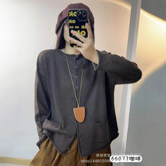琪镌绘制简梦针织开衫秋季款文艺单排扣圆领休闲宽松上衣女66077