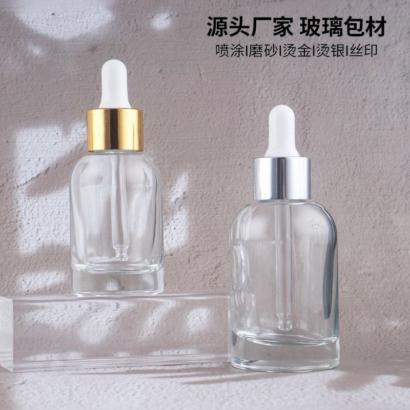 Esencia de fábrica sub-botella 30ml bomba de gota de presión prismática botella de aceite esencial botella cuentagotas bomba de gota giratoria botella de vidrio