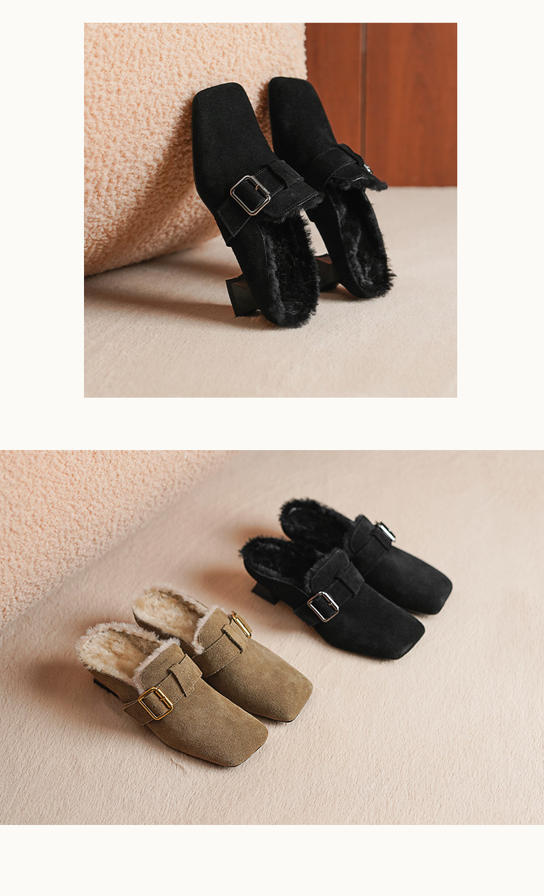 Giày mule nữ mũi vuông lót lông cừu giữ nhiệt, gót thấp — màu đen chi tiết 7