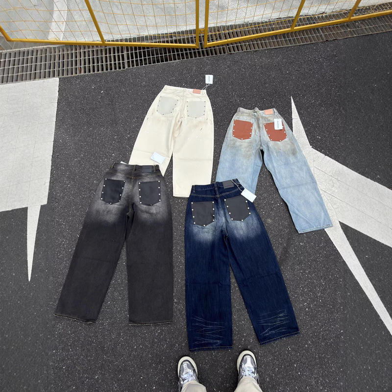 New High Street Fashion Brand Ac1981 Retro Leather Pocket Loose Dirty-Look Splatter Denim Wide-Leg Pants Casual Long Pants New High Street Fashion Brand Ac1981 Retro Leather Pocket Loose Dirty-Look Splatter Denim Wide-Leg Pants Casual Long Pants