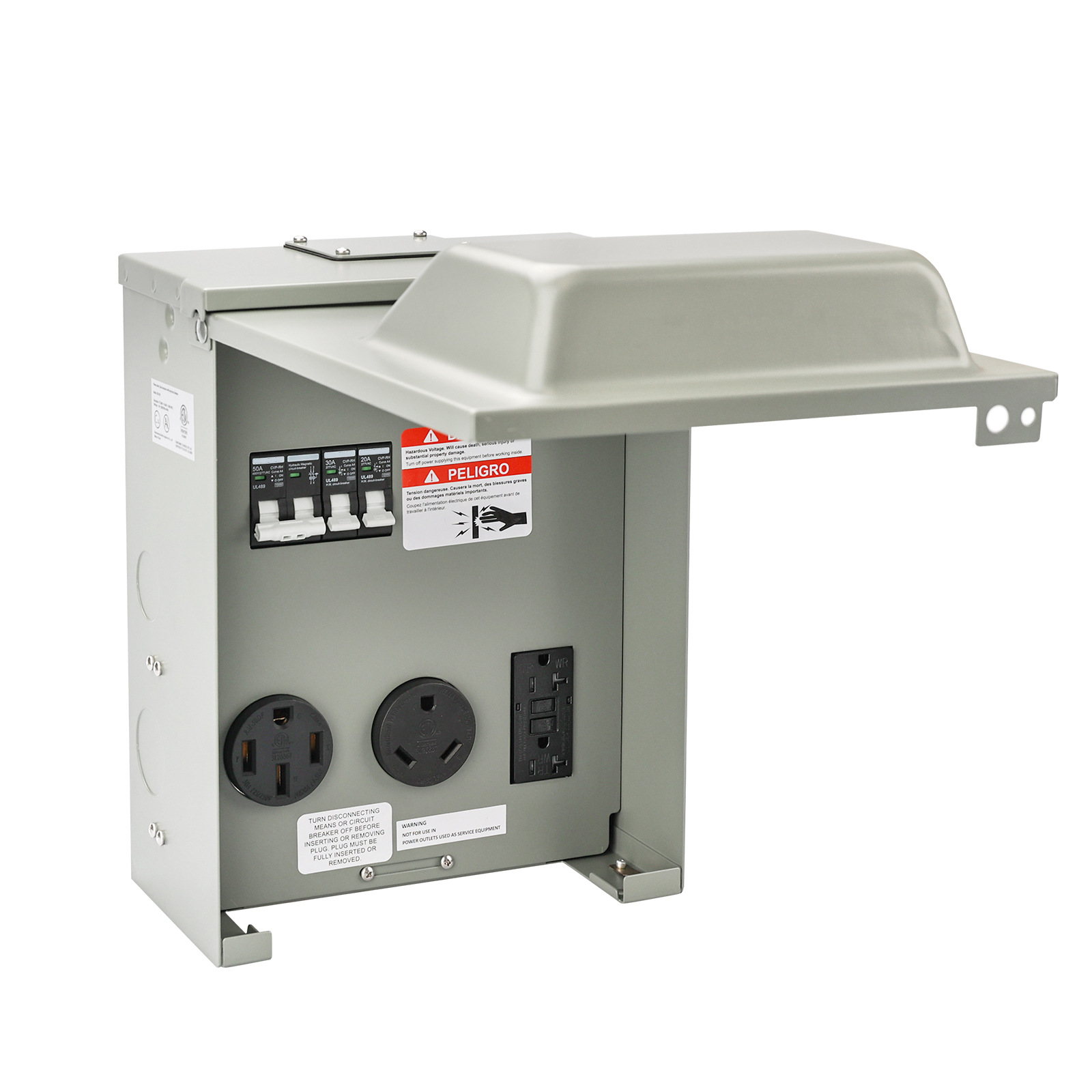 临时电源插座面板，安装有 20 30 50 安培插座的 RV 电源插座面板