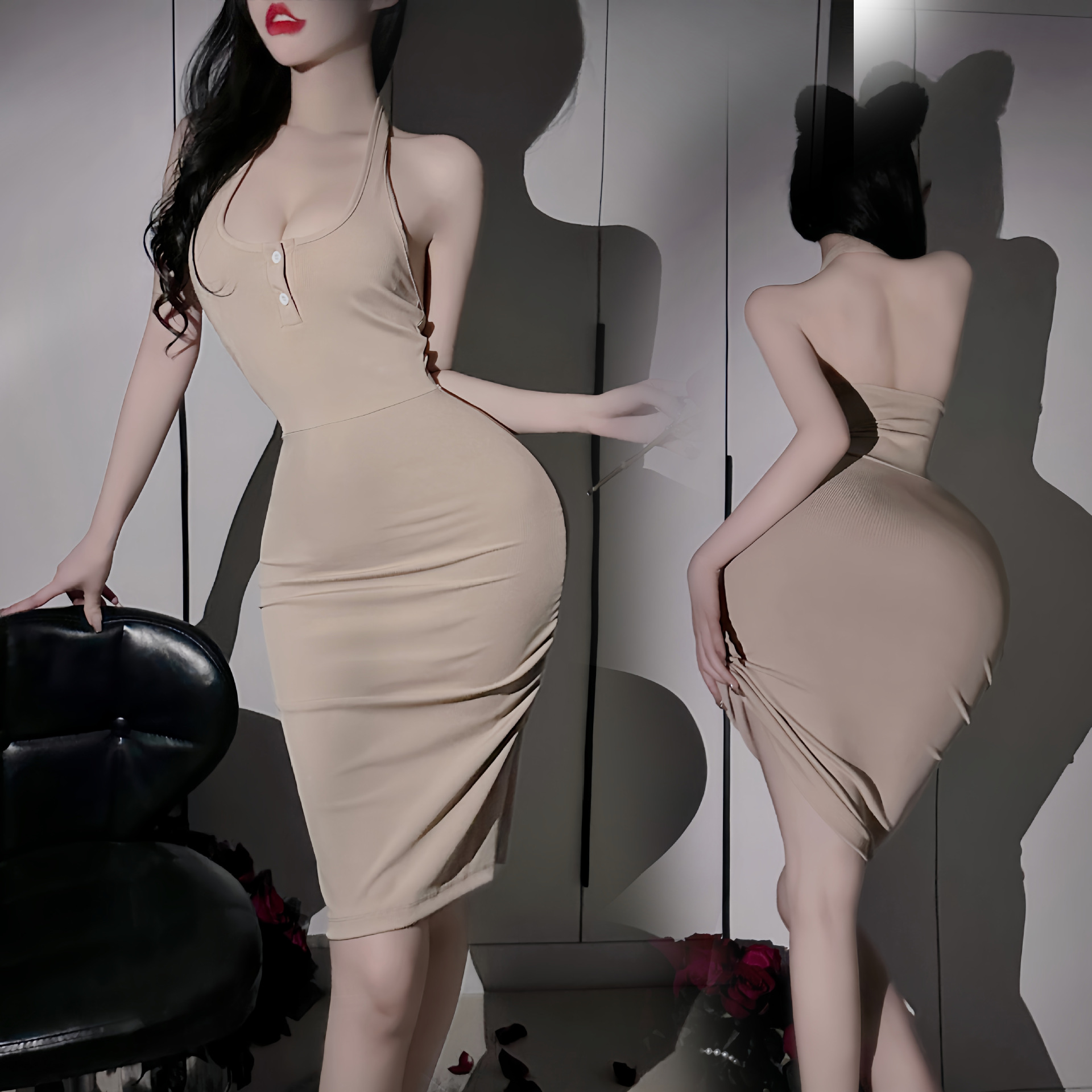 황금 밤 섹스 속옷 작은 가슴 원피스 뜨거운 토끼 목 조끼 주름 순수한 엉덩이 잠옷