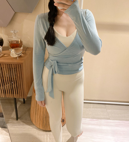 Korean internet celebrity yoga fitness long-sleeved strappy knotted blouse lulu thin and highly elastic V-neck sports top for women