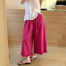 2026夏新款 文艺宽松水洗棉花边阔腿裤女 松紧腰纯色九分裤 6695