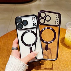iPhone17Pro携帯電話ケース、テール付き磁気吸着、電気メッキ透明レンズフィルム、Apple 16オールインクルーシブソフトケースに最適