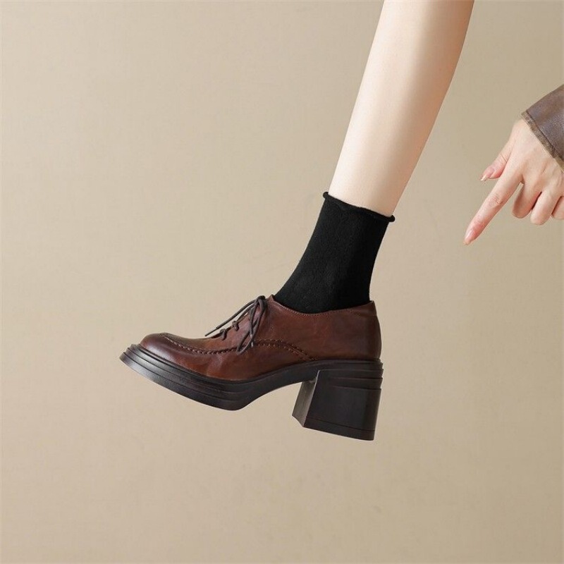 Vintage British High-heeled Platform Shoes Women's Handmade Washable Leather Lace-up Shoes Mary Jane Height-increasing Loafers