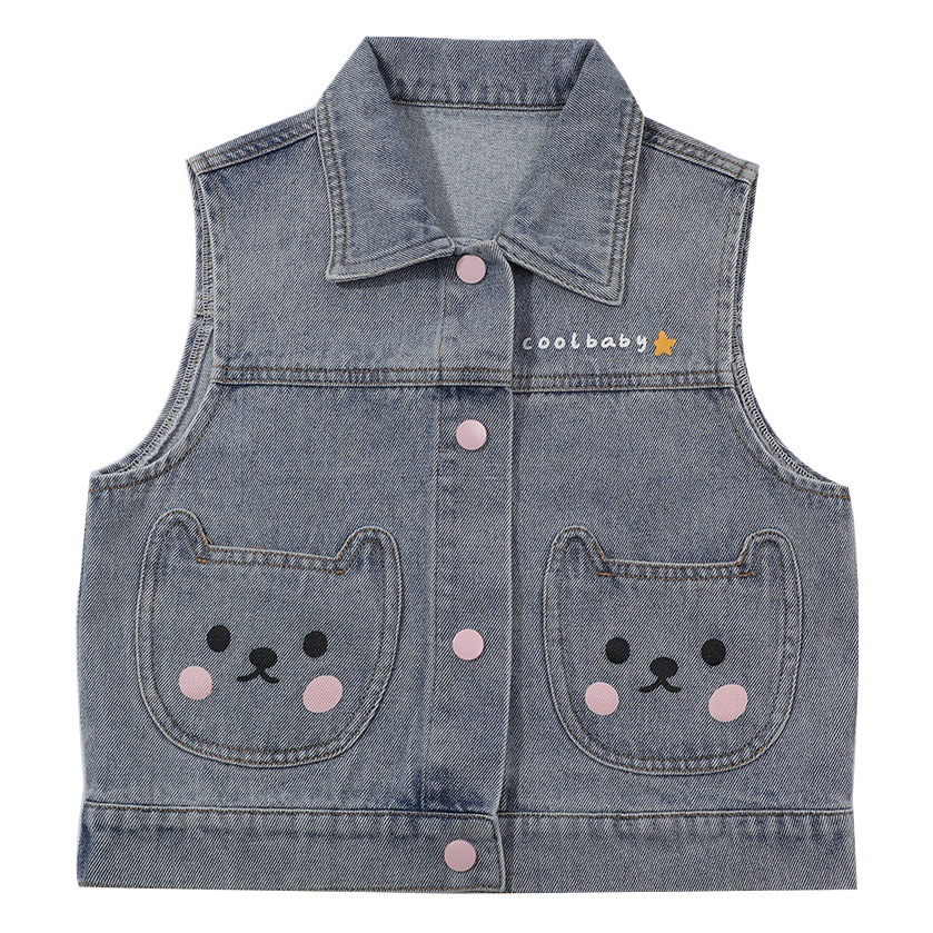 Chaleco vaquero para niñas con diseño de oso, estilo occidental – moda primavera-otoño 2024.