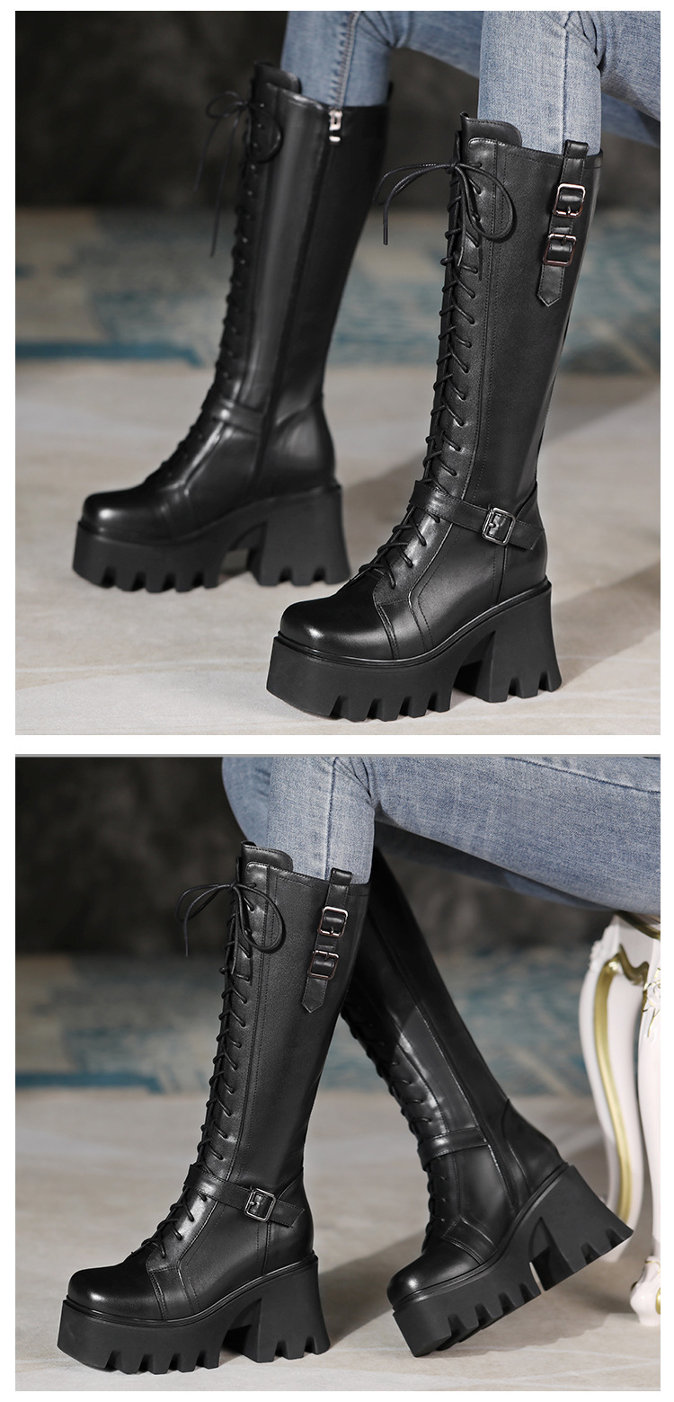 Boot nữ cổ cao phong cách cổ điển, gót 10 cm, khóa dây buộc — Lót nhung đen chi tiết 4