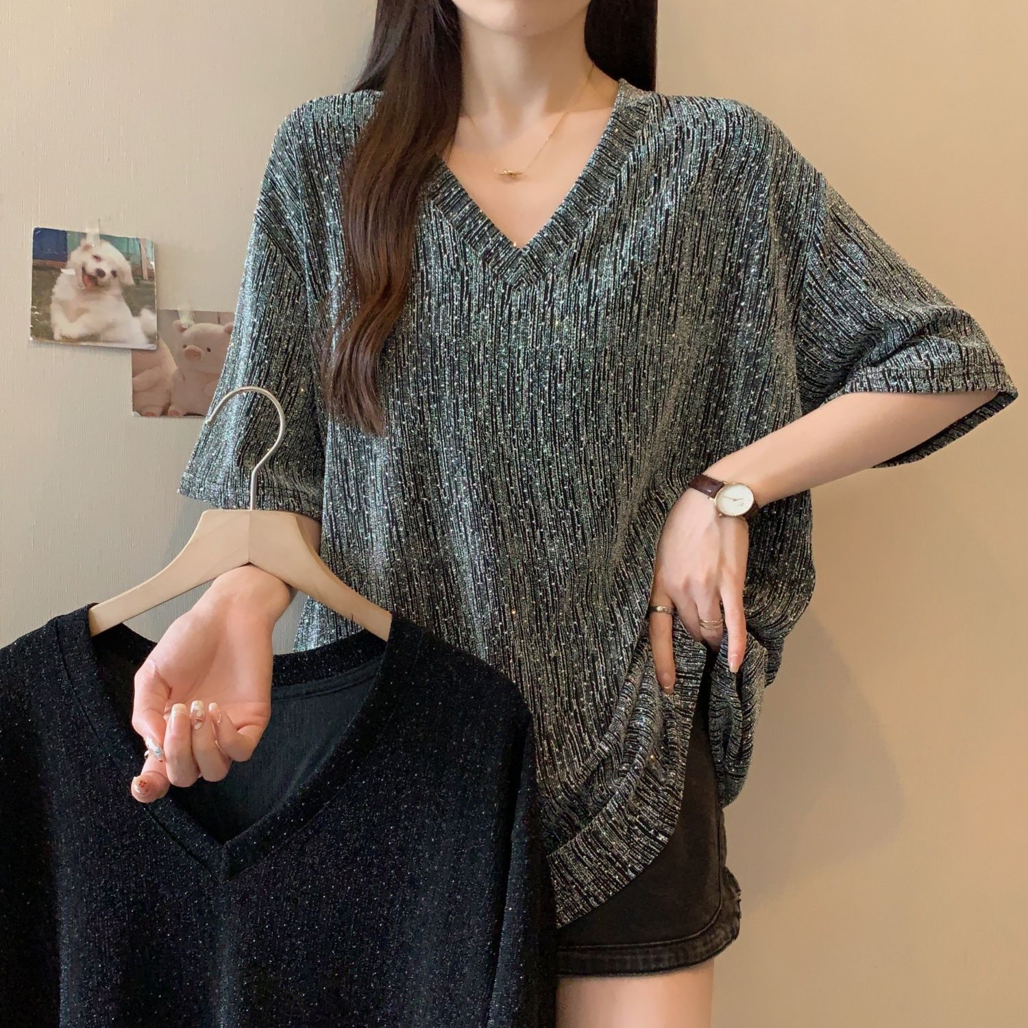 大码设计感开叉V领短袖T恤女2025夏季新款宽松显瘦胖mm上衣女ins