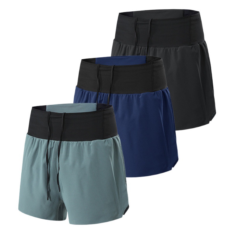 Sports shorts men's fake two-piece double-layer fitness shorts marathon cross-country running training pants quick-drying three-point pants
