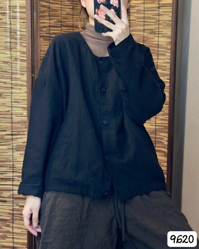 CO2025秋韩版宽松文艺复古简约亚麻加里衬休闲外套百搭上衣女9620|undefined