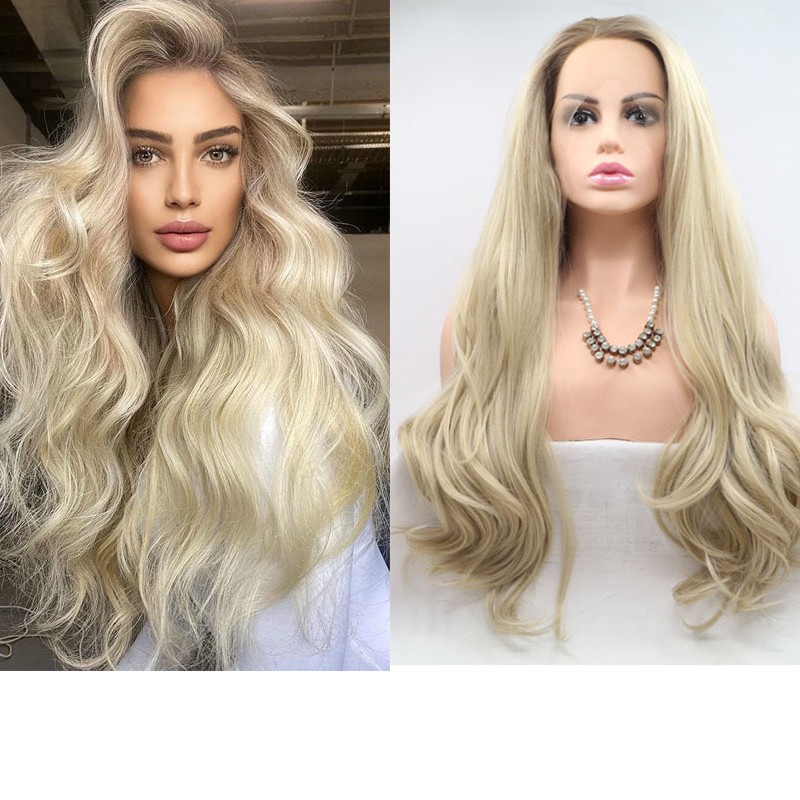 Foreign Trade European and American Fashionable Chemical Fiber Wig for Women with Golden Gradient Long Hair Curly Hair Natural High Temperature Silk Headgear Cross-Border