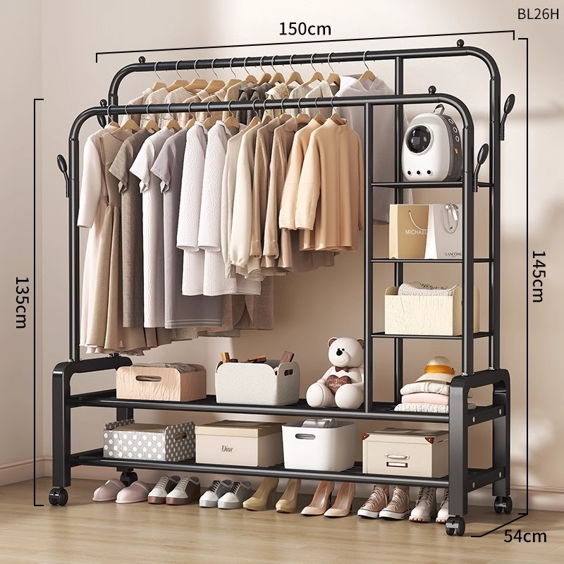 150cm 블랙 [더블 폴 + 더블 레이어 수납 + 사이드 3 레이어 수납 + 유니버셜 휠 + 코트 후크] 두꺼운 파이프 직경