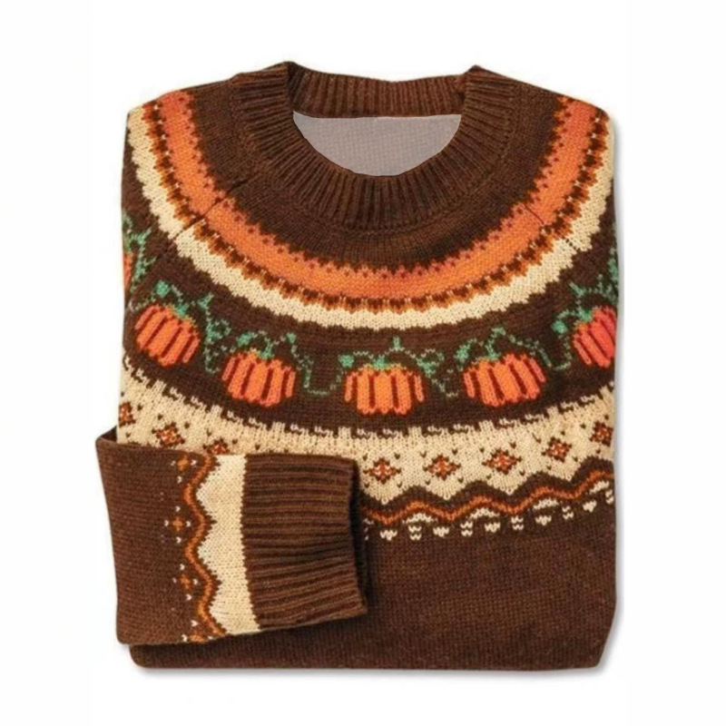 Amazon Foreign Trade Cross-Border Round Neck Halloween Pumpkin Print Casual Regular Knit Pullover Top