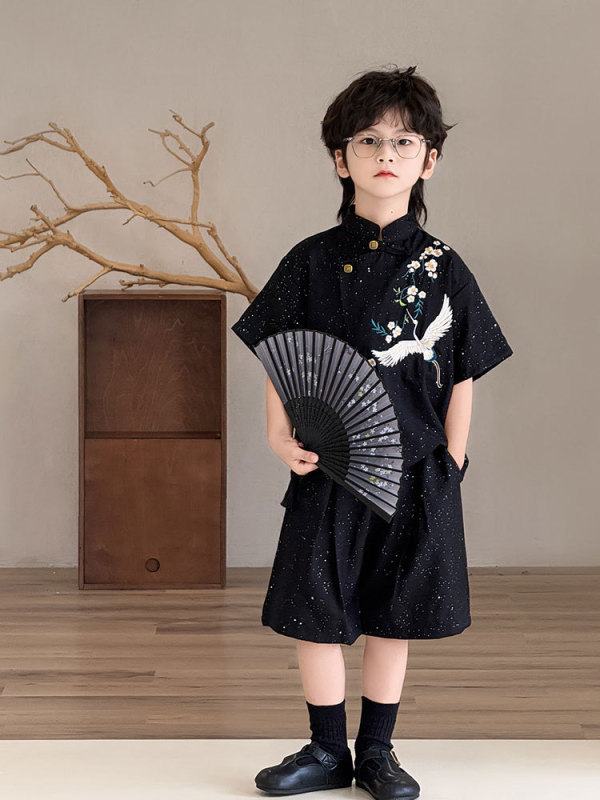 2025 ホットスタイル男の子唐スーツ半袖スーツ黒底鶴花刺繍ショーツ漢服ワンピースドロップシッピング|undefined