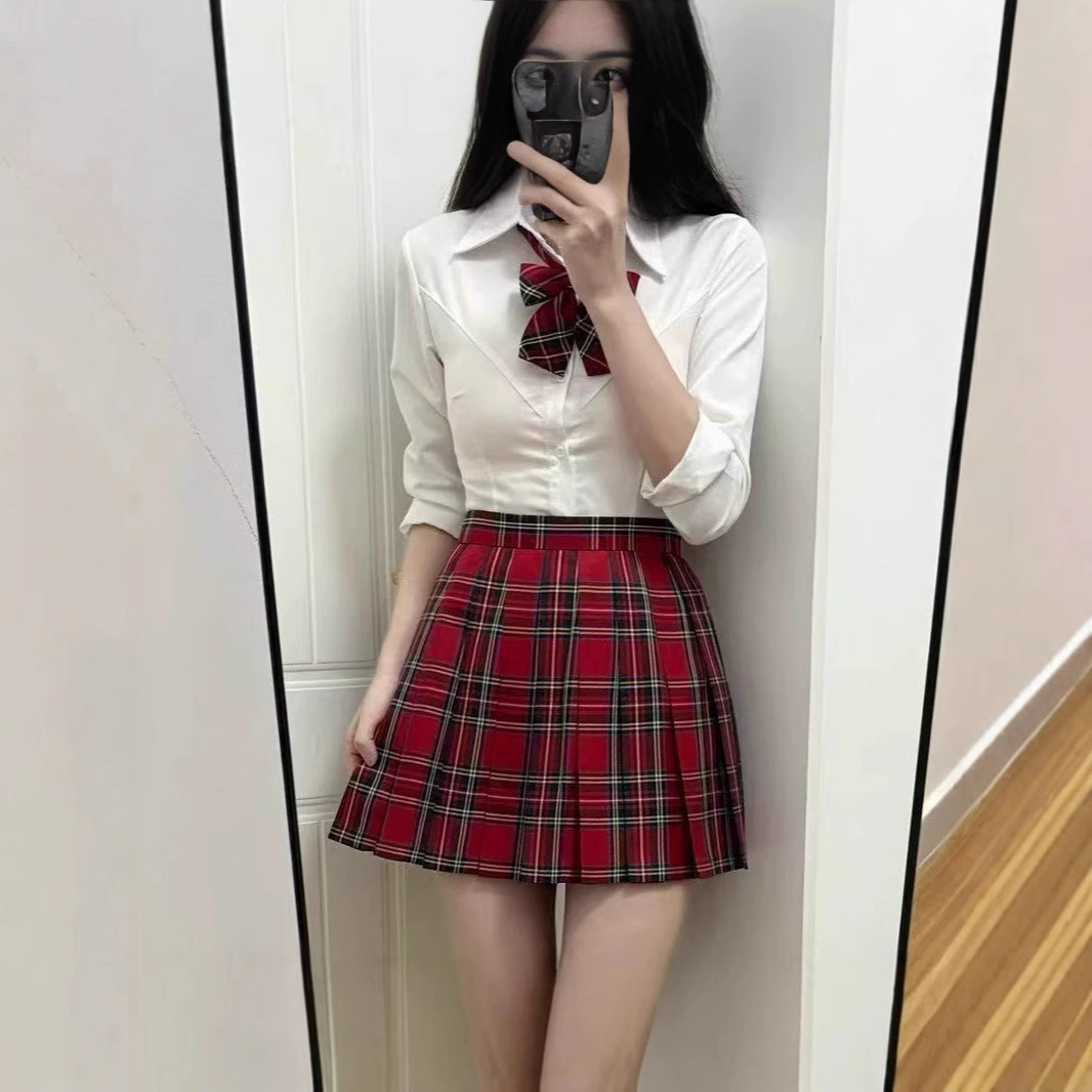 Spring and Autumn Long Sleeve Genuine Pepper JK Uniform Red Paid Skirt Women's Japanese School Style Pleated Skirt